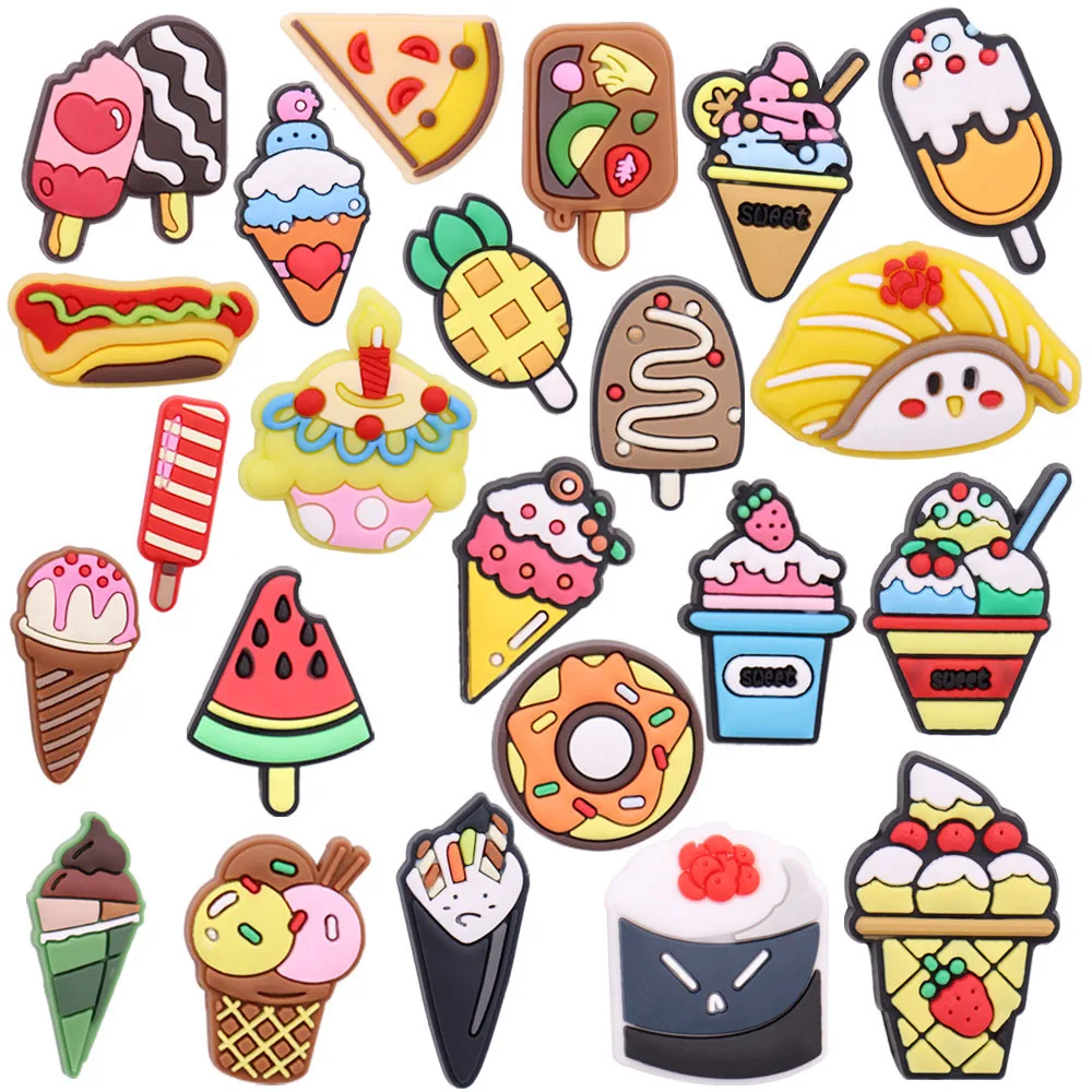 

New Arrival 1pcs Shoe Charms Ice Cream Donut Hot Dog Cake Sushi Accessories PVC Kids Shoe Buckle Fit Wristbands Birthday Present