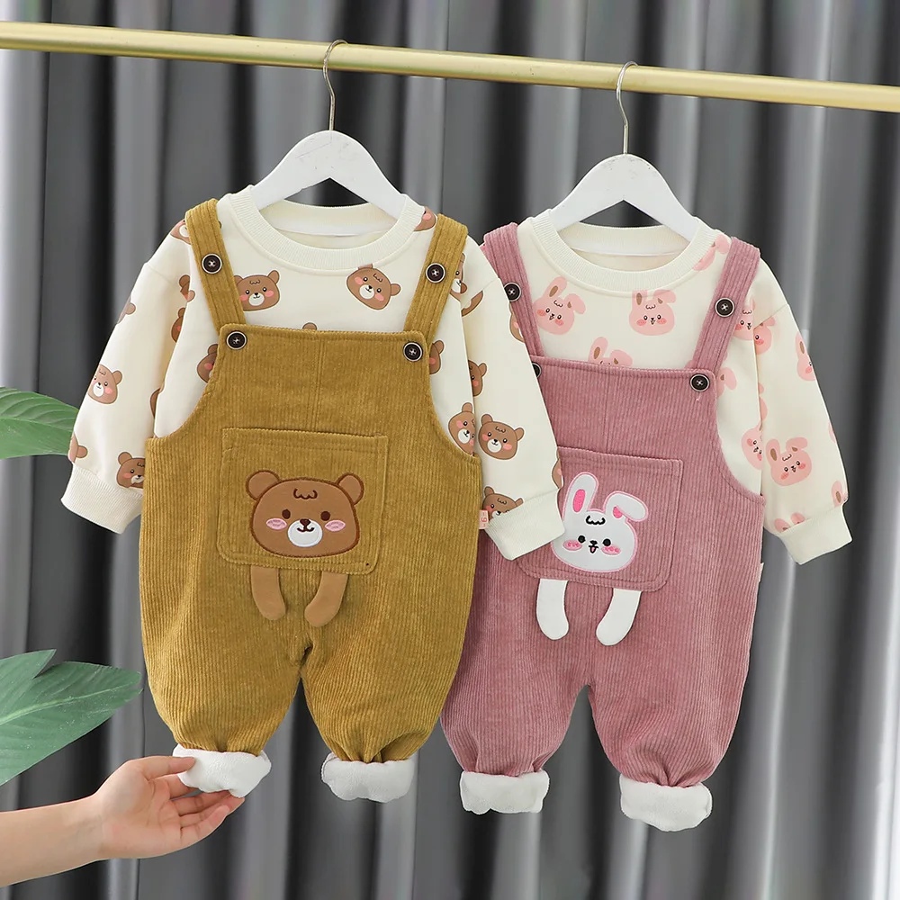 2023 Cute Autumn Winter Baby Boy Clothes Kids 2PCS Clothes Set Long Sleeve Fleece Sweatshirt Cartoon Embroidery Overalls Suit