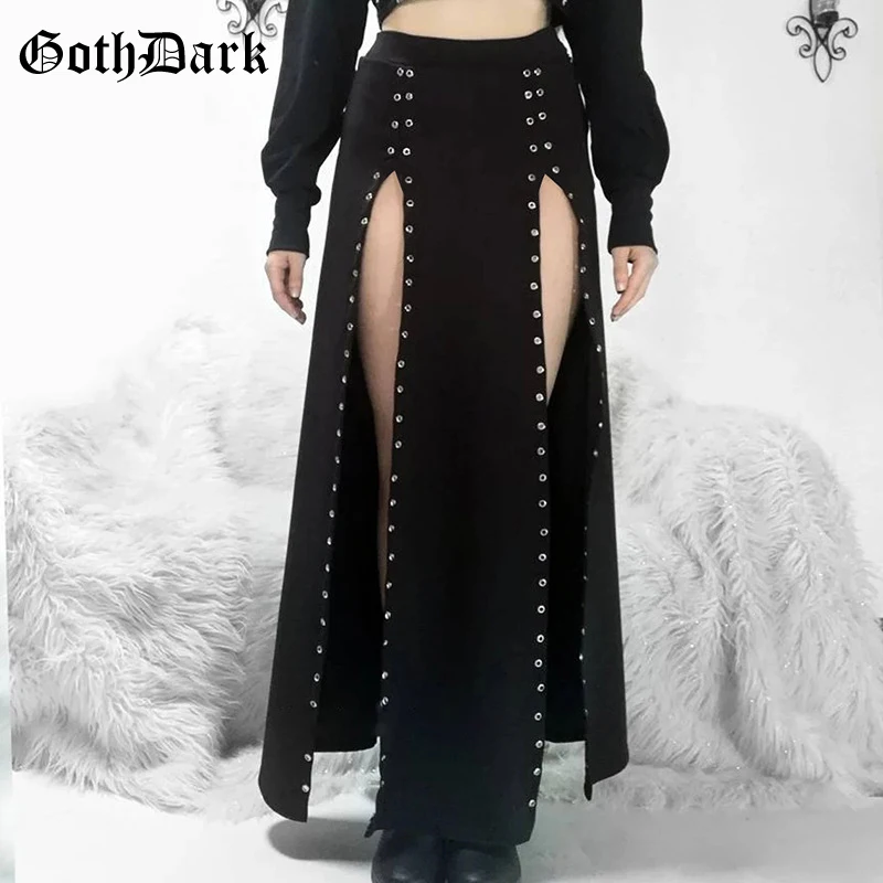 Goth Dark Punk Style Pure Color High Waist Long Skirt Mall Gothic Corn Spliced Clubwear Sexy Hem Split Skirts E-girl Streetwear