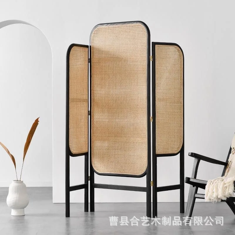 Retro wabi silent wind solid wood rattan screen Chinese home office B & B folding screen movable entrance partition
