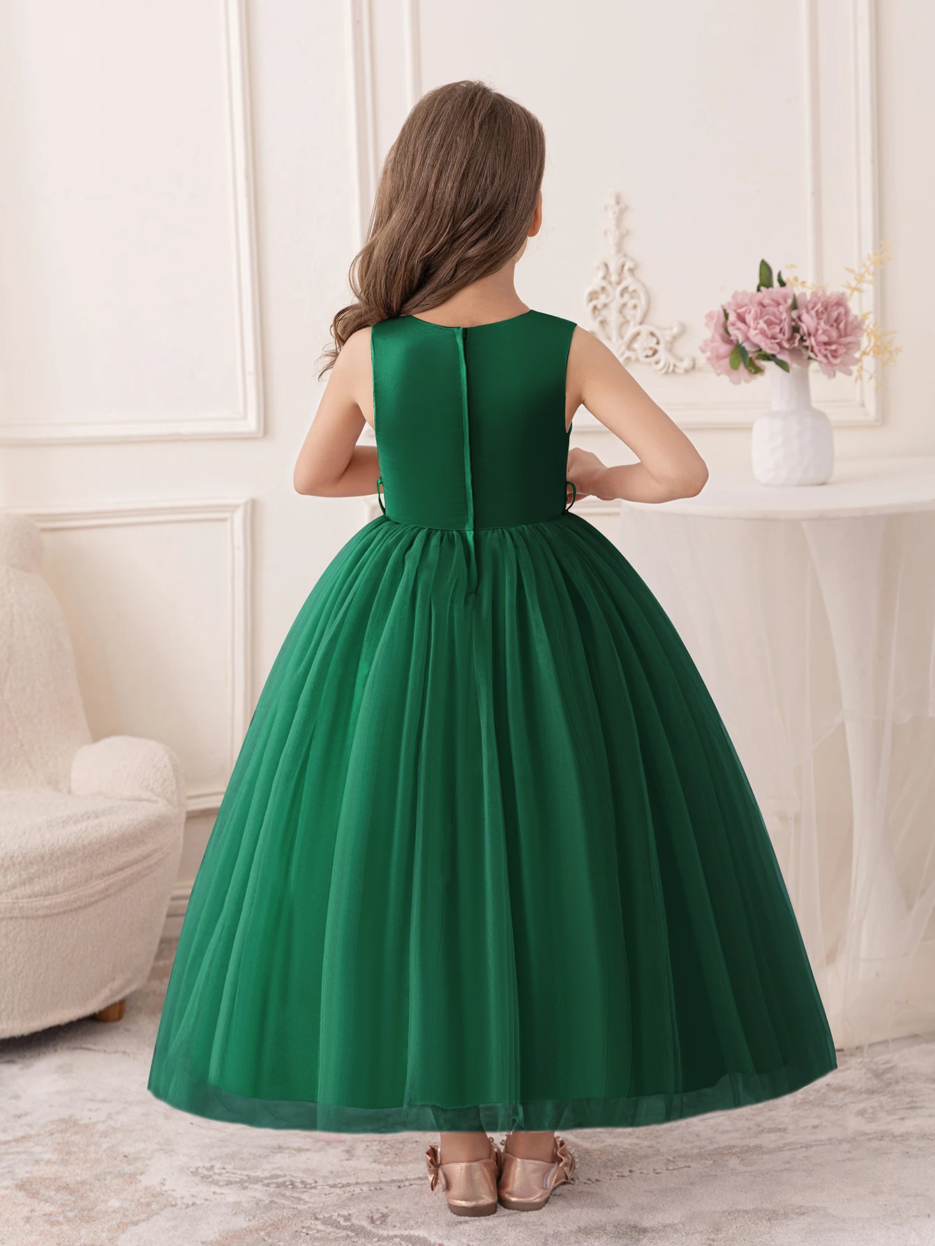 Dark Green Princess Dress New Designs for Young Girls Formal Tulle Party Bridesmaid Kids Beautiful Ball Gown Wedding Clothing