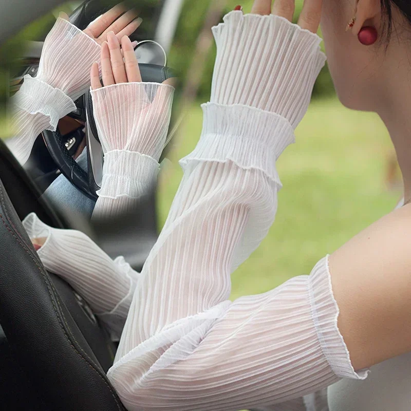 Women Summer Long Fingerless Gloves Sun Protection Arm Warmers Thin Lace Mesh Arm Sleeve Uv Sunscreen Breathable Mittens