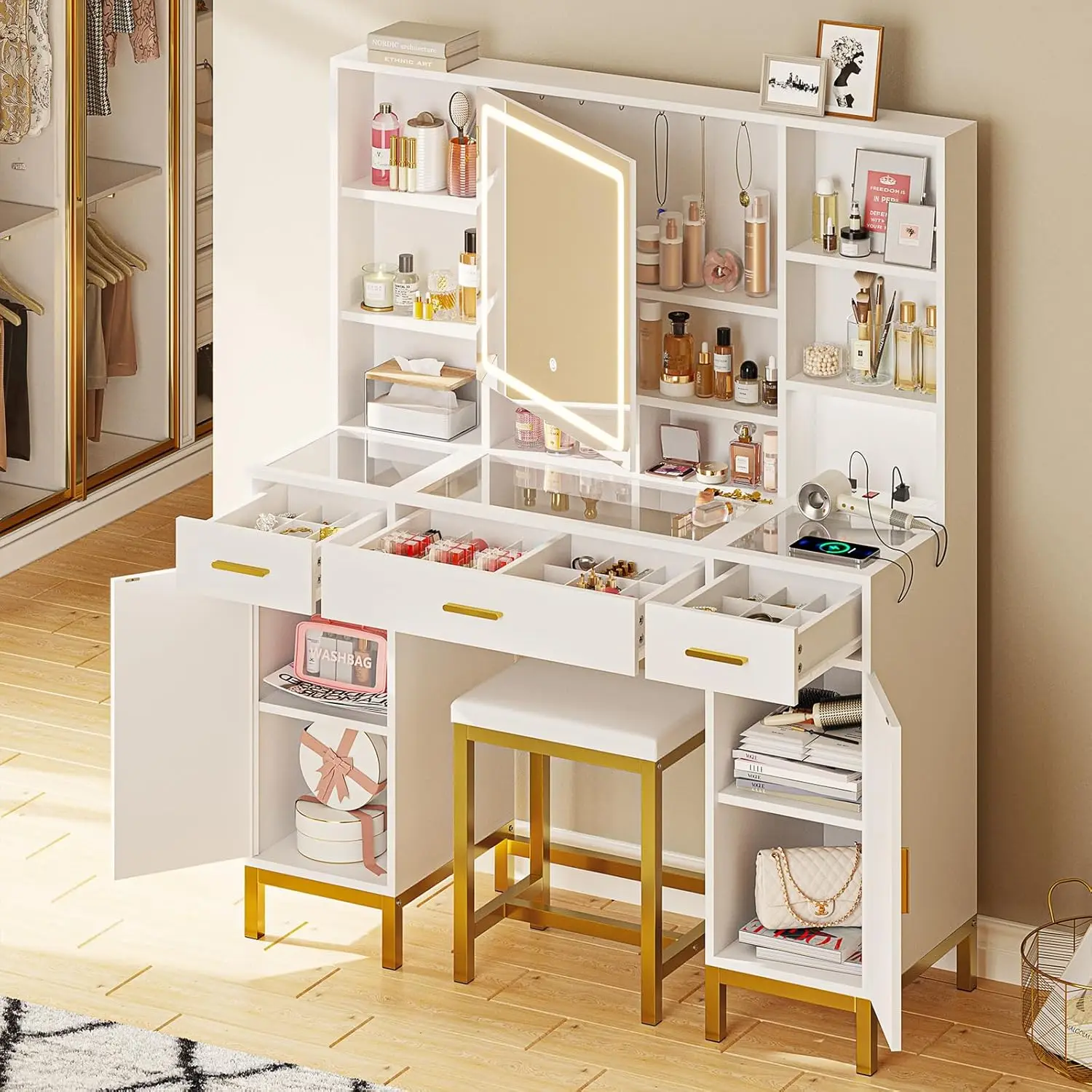 Vanity Desk with Openable Mirror & Lights Glass Tabletop Makeup Vanity Set Charging Station, White Vanity Table 3 Drawers