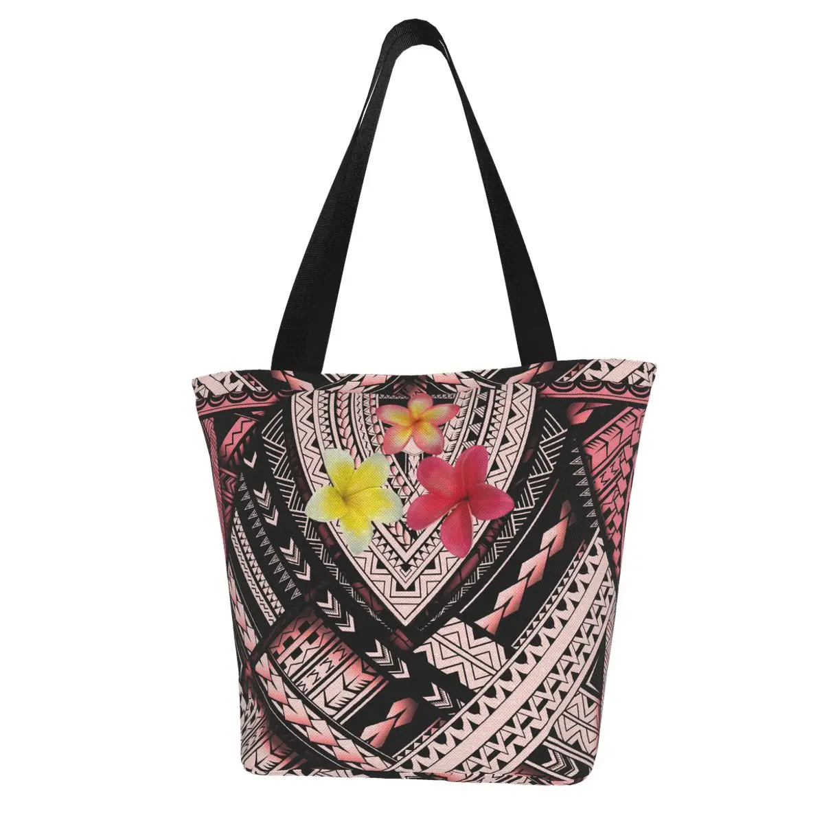 

Ladies Handbags Girl Plumeria With Polynesian Prints Canvas Tote Bag Shopping Travel Women Eco Reusable Shoulder Shopper Bags