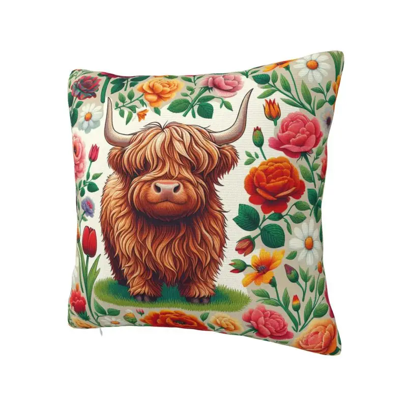Highland Cow And Flower Cushion Cover 50x50 cm Polyester Velvet Throw Pillow Case For Sofa Car Decoration Bedding Pillowcase