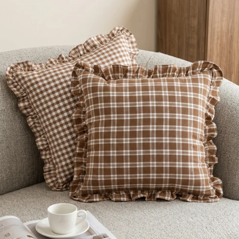 Plaid Ruffler Watered Cotton Pillow Cover Coffee Khaki White 30x50cm 45x45cm Solid Sofa Cushion Cover Living Room Decoration