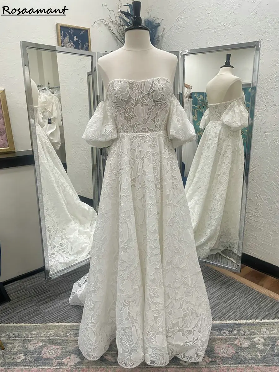 

Full Lace Off The Shoulder A-Line Wedding Dresses Sweetheart Short Sleeve Country Bridal Gowns