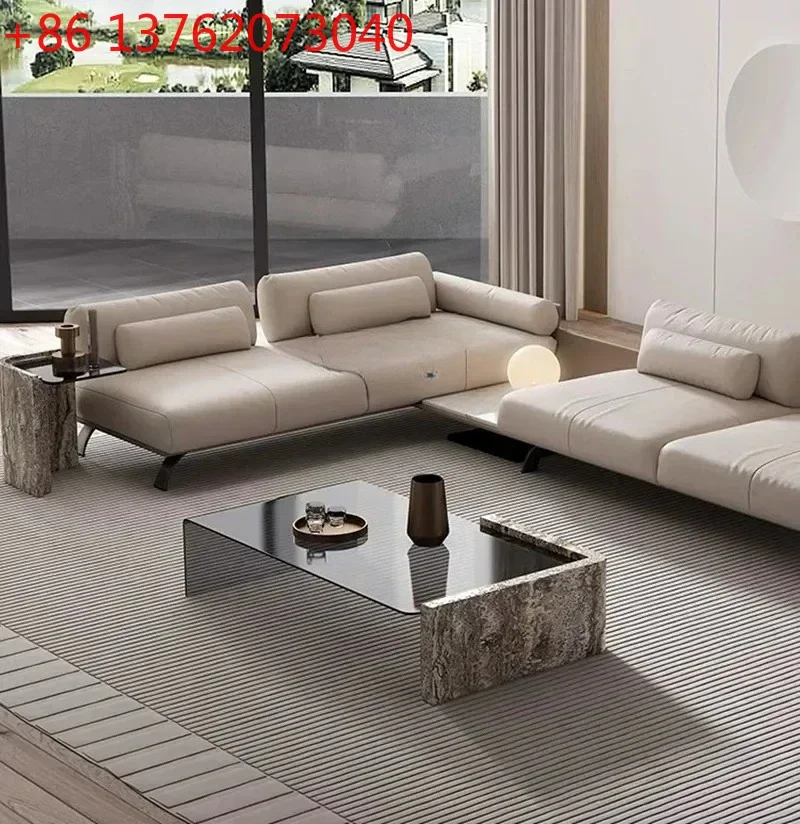 Cy56  Light luxury natural marble silver gray travertine bent gray brown glass rectangular strip coffee table