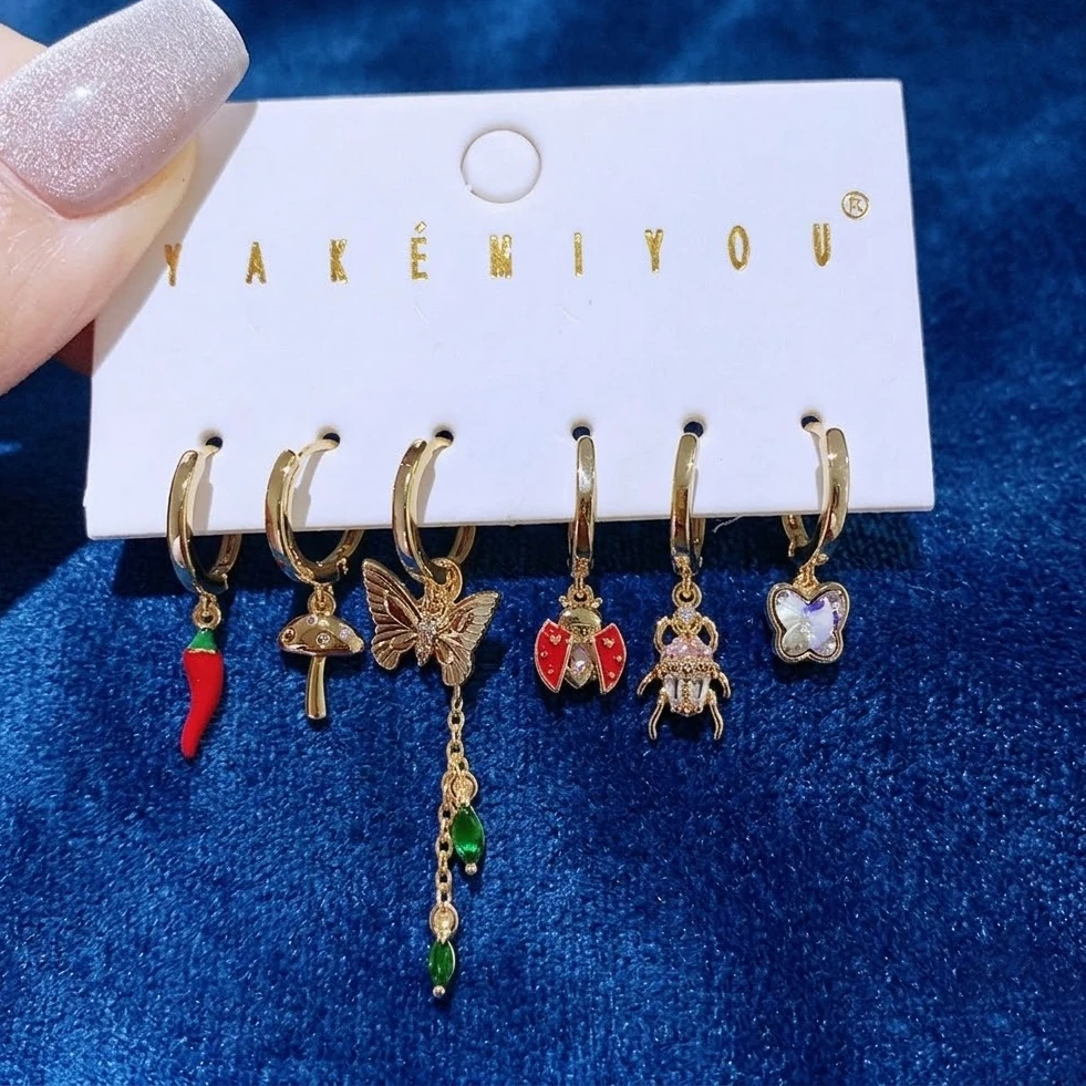 Creative Gold Color Butterfly Mushroom Ladybug Hoop Earrings Set for Women Trendy Enamel Insect Small Huggie Dangle Earrings