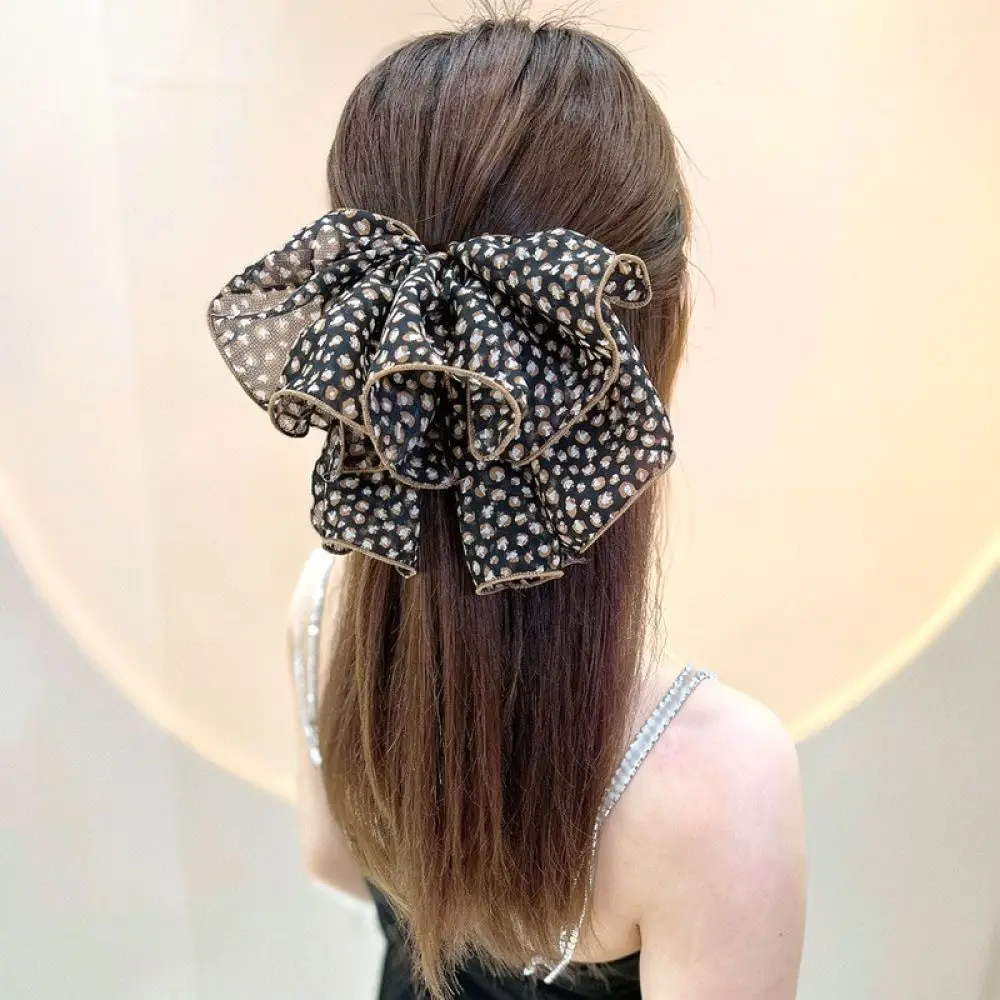 Large Bowknot Spring Clip Leopard Print Fabric Headwear Stylish Hair Barrettes For Women Daily Commute Elegant Styling