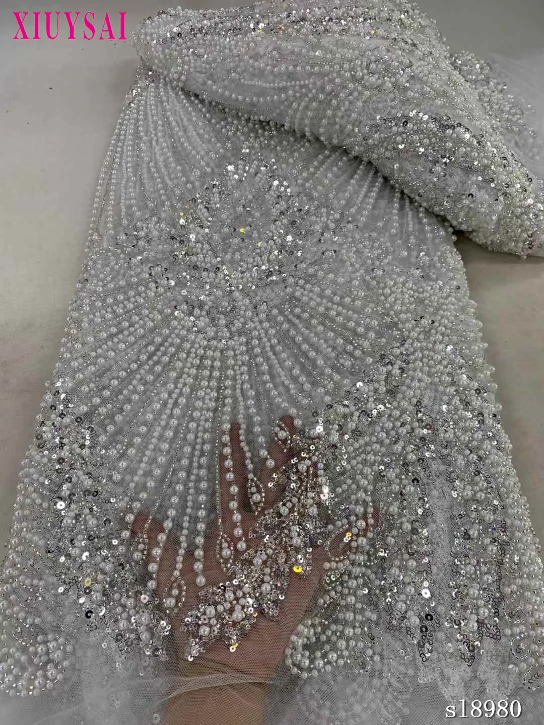 5 Yards African Sequins Lace Fabric 2024 High Quality Lace Embroidery Beaded Mesh Fabric For Women Wedding Party Dress