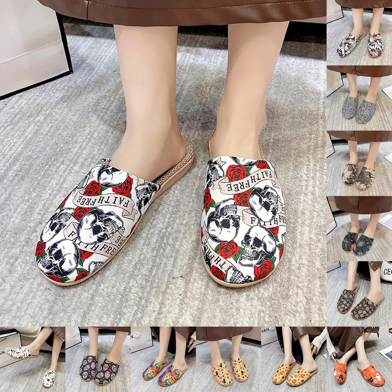 

Halloween pattern Cartoon Linen Print Warm Winter Cotton Couple Men and Women Thick Sole Soft Sole Slippers Thicked Home Shoes