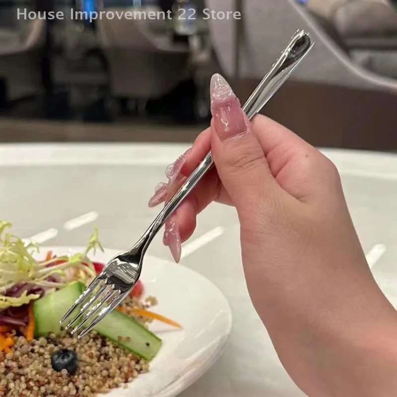 

Stainless Steel Dinner Fork Long Handle Table Forks Set Korean Cutlery Four Tine Salad Dessert Fruit Forks Kitchen
