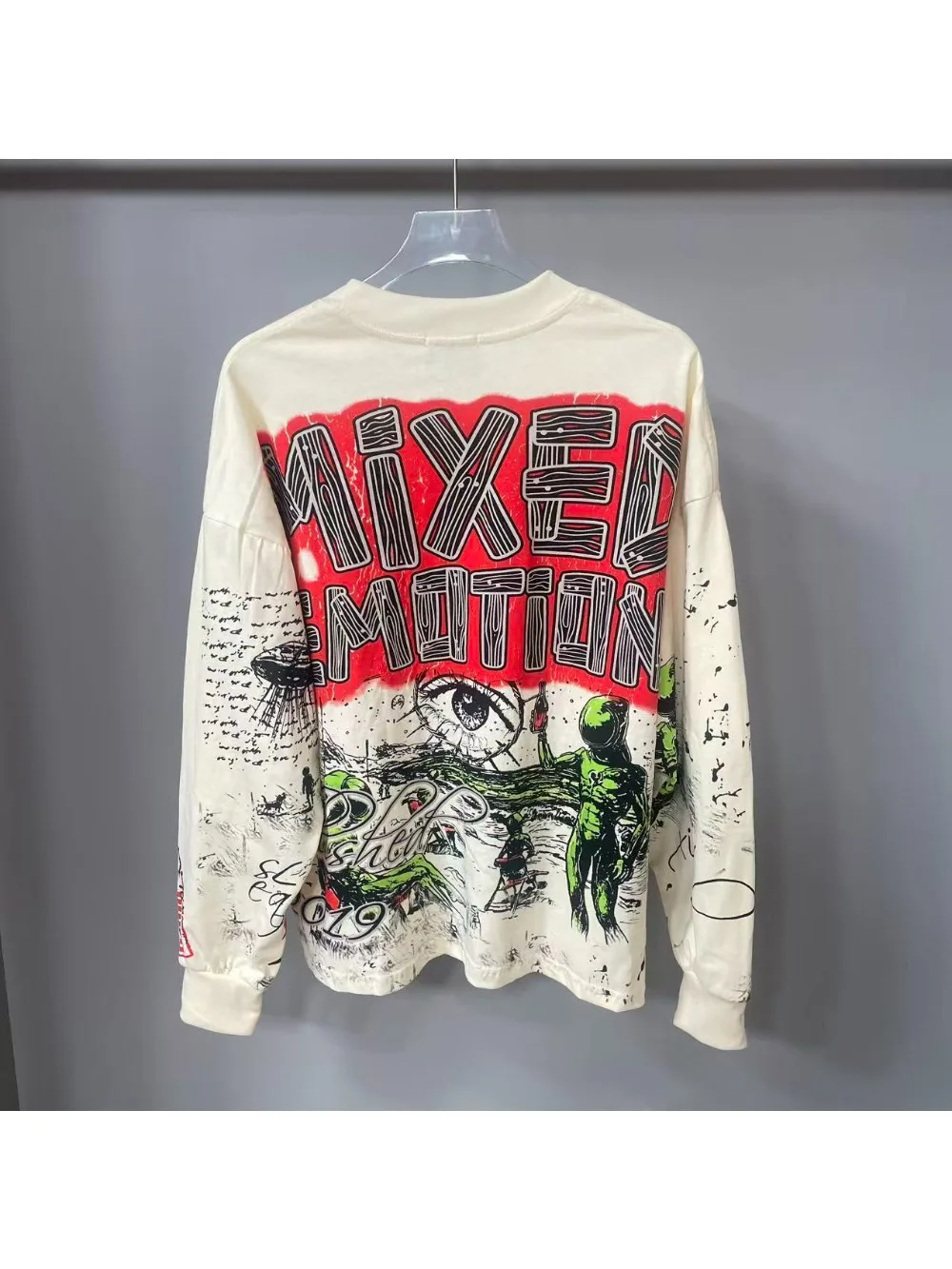 High Quality Designer MIXED-EMOTION Long sleeved T-shirt 100% cotton men's and women's Vintage Printed and hotfix rhinestone High Street Trendy Fashion Hip Hop T-shirt hoodie sweatshirt Pullover