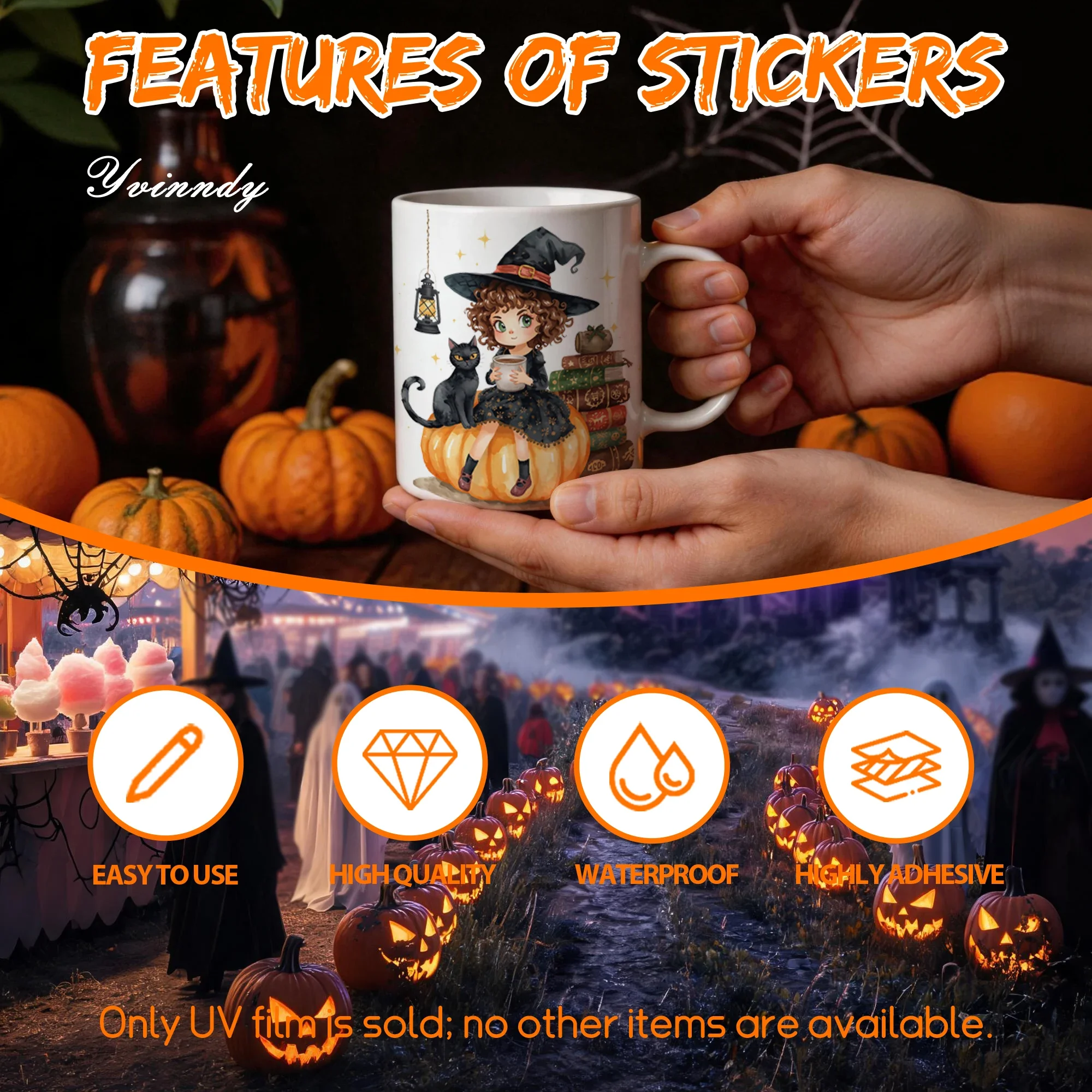 12PCS/Set Of Halloween Wizard Designs Made With UV DTF Transfer Stickers, Perfect For Decorating Mugs DIY Halloween Gift(NO Cup)
