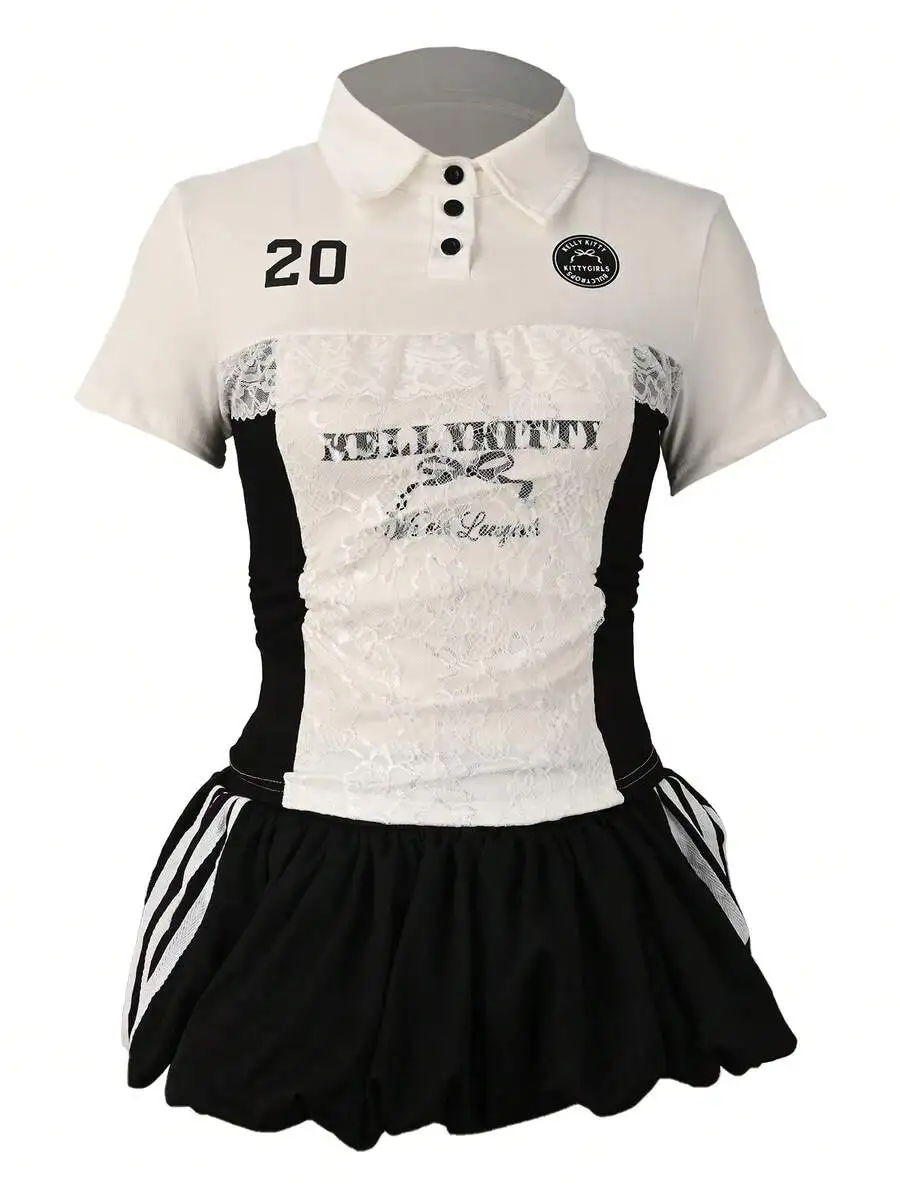 

Women 2025 Summer Y2K Streetwear 2pcs Set Short Sleeve Top And High Waist Mini Skirt