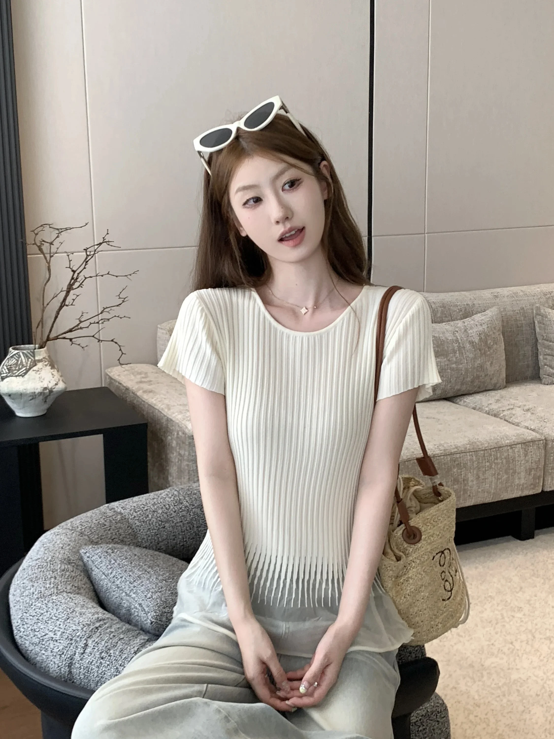 Ice Silk Thin Short Sleeve Knitted Top Women Summer Design Vertical Gradient Waist Slimming Personality Upper Body