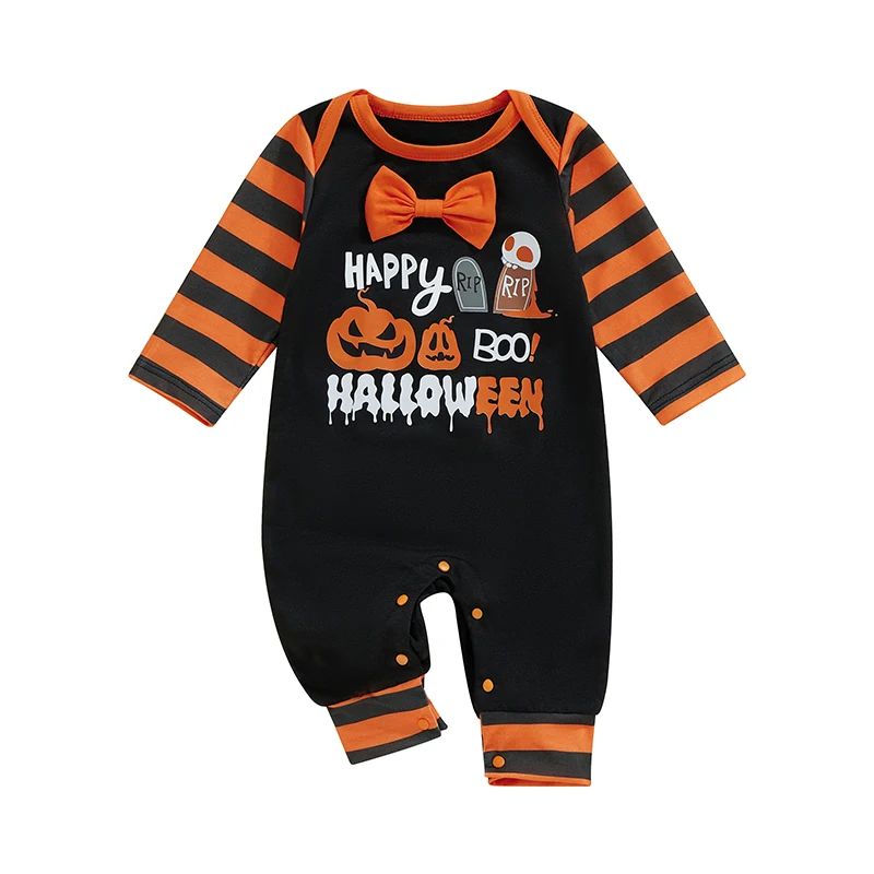 Cathery Baby Halloween Romper Pumpkin Print Round Neck Stripe Long Sleeve Full Length Jumpsuit For Boys Girls winter clothes