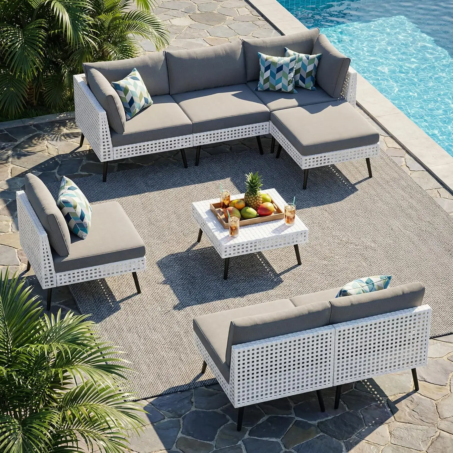 

Patio Sectional Sofa Set, White Wicker Outdoor Furniture with 4" High-Density Cushions, Deep Seating Conversation, Customized