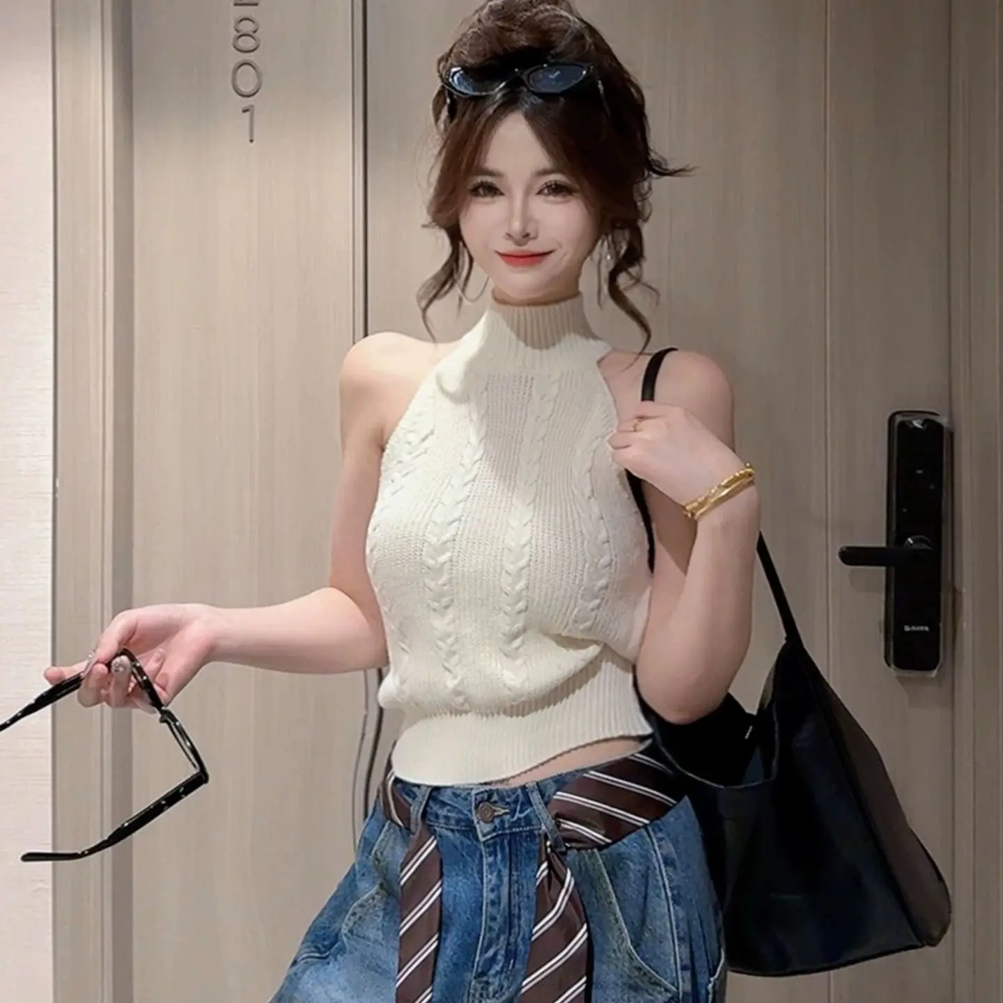 

Жилет-свитер женский в корейском стиле, зимний, в стиле фейрикор, свободный, вязаный, эластичный, с открытой передней частью, с элементами вставок, удобный, мягкий, плюшевый