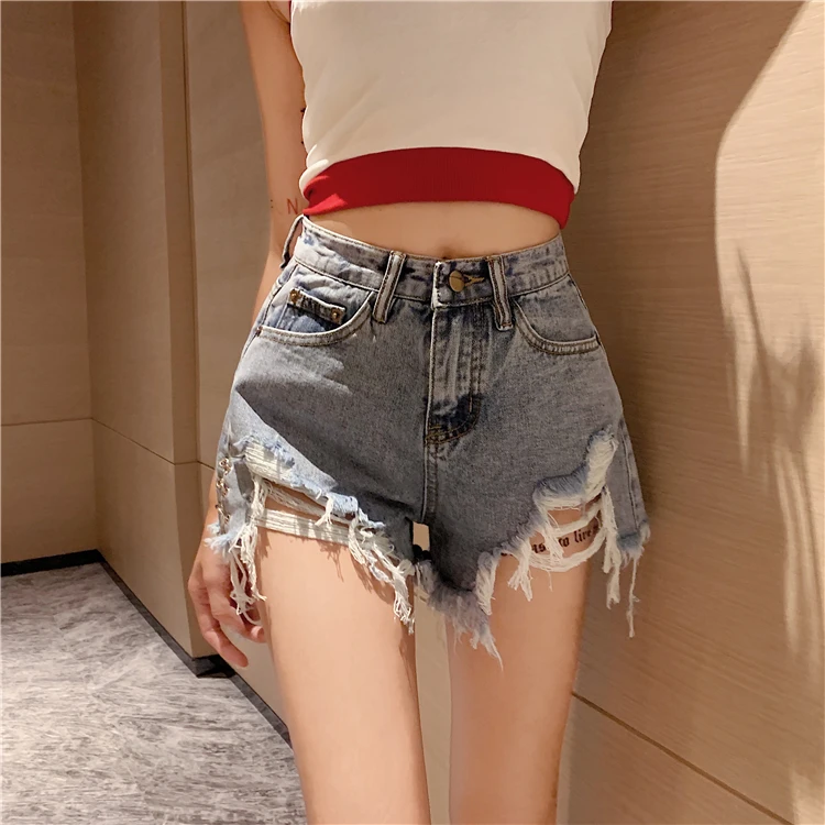 

2024 Summer Women New Fashion High Waist Hole Denim Shorts Female Sexy A-line Jeans Shorts Ladies Loose Short Hot Pants L104