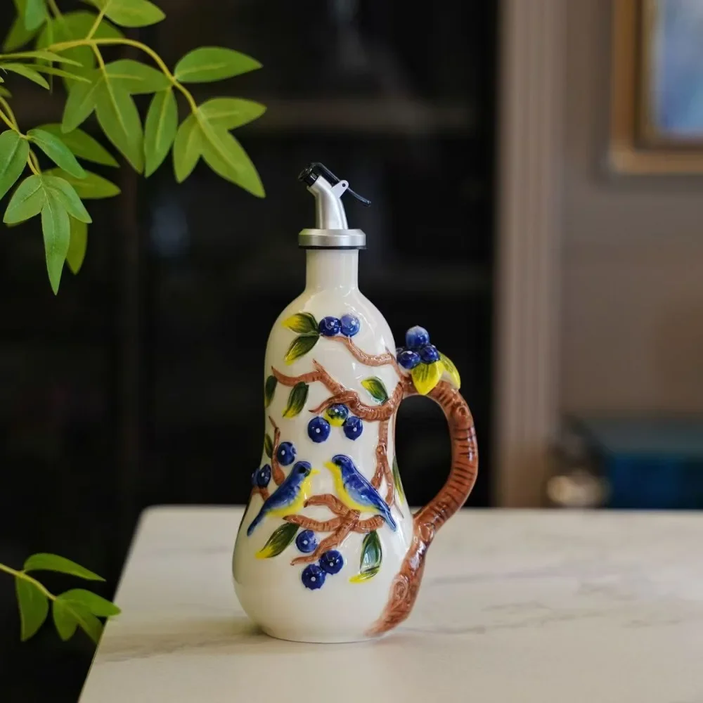 Pote de tempero de cereja em relevo, utensílios de cozinha domésticos de cerâmica de esmalte, pote de vinagre, material de garrafa de óleo pote de vinho
