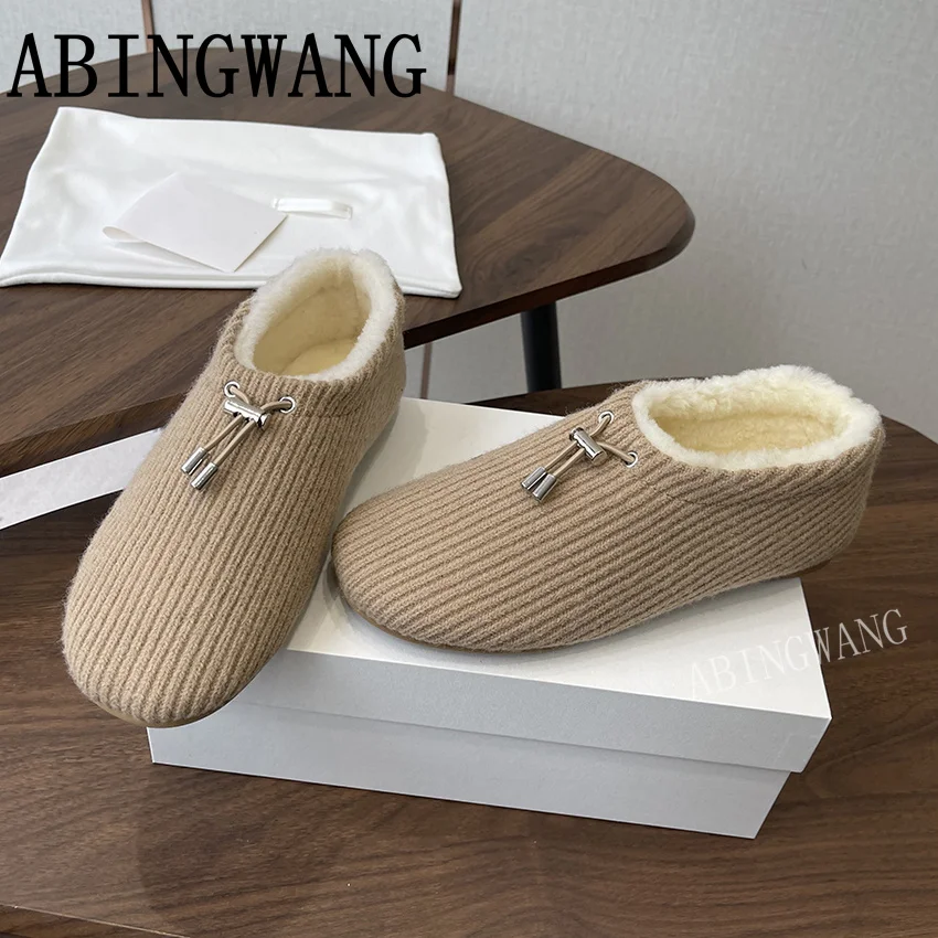 Autumn Winter New Knitting Inside Fur Flats Loafers for Women Slip On Casual Ladies Daily Shoes Lazy Shoes Women Warm Shoes