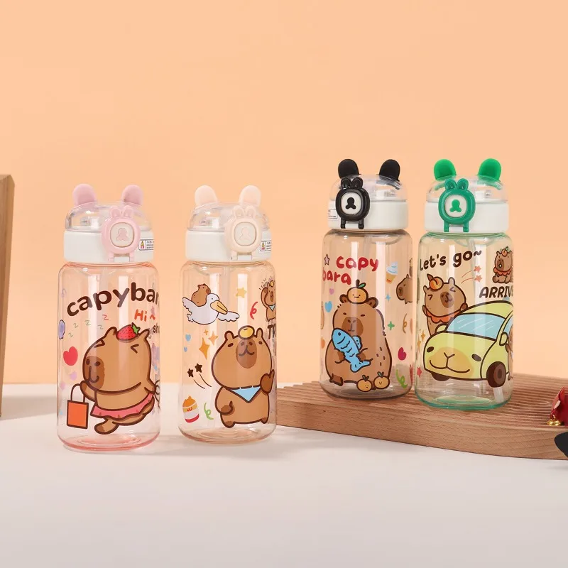 1-10PCS Capybara Cartoon Water Bottle Portable Large Capacity Sports Straw Cup Plastic Kids Student Drinking Mug Accessories
