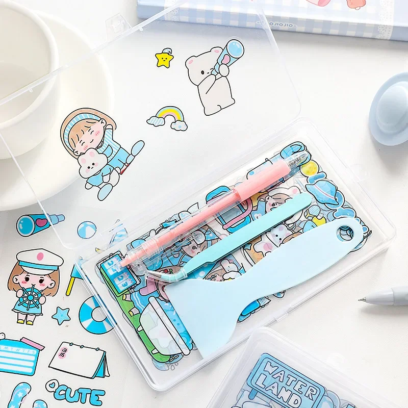 8pcs Ins Scrapbook Tool with Storage Box Straight Elbow Tweezers Utility Knife Mini Base Plate Shovel Sticker Set for Diary Tool