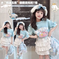 Cinnamoroll Girl's Short Sleeve Set Sanrios Anime Kawaii Kids Cartoon Summer Korean Style Fashion Blue Sequin T-Shirt Cake Skirt