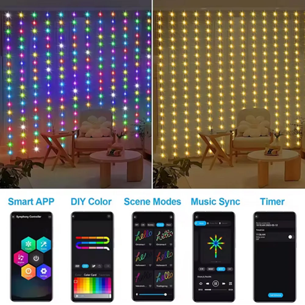 3M RGB Smart LED Curtain Lights Christmas Decor APP Remote USB Garland String Light Fairy Lamp Wedding Holiday Bedroom Outdoor