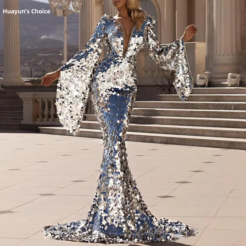 Vestido de Noche Largo con Lentejuelas Plateadas, Vestido de Fiesta de Verano 2023, Moda Femenina, Vestido de Fiesta, Fibra A...