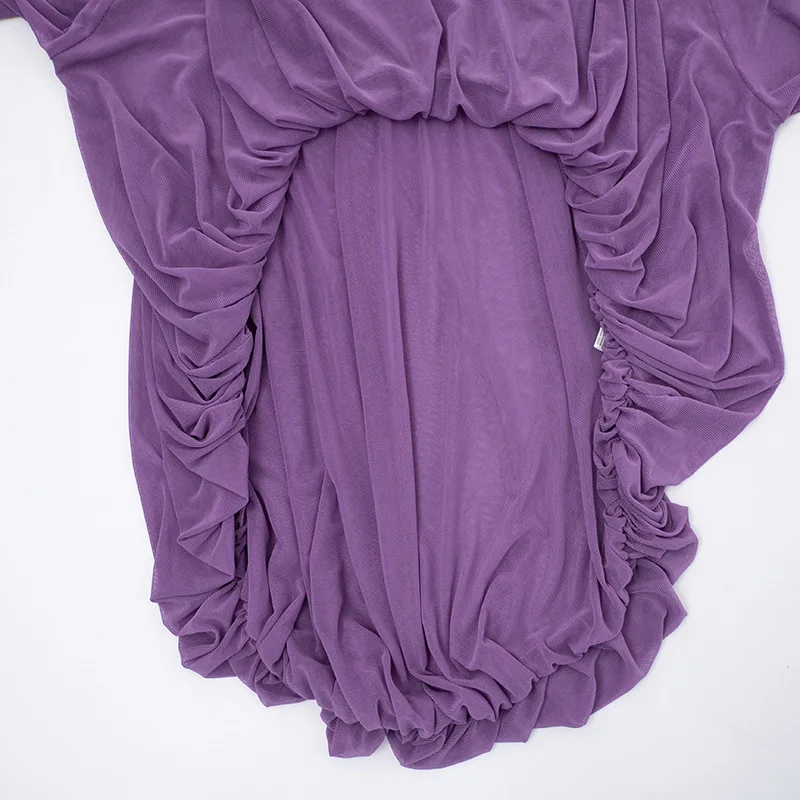 ชุดเซ็ต 2 ชิ้น เสื้อครอปแขนยาวทรงบับเบิ้ล คอปกพับได้ ผ้าตาข่ายซีทรู + กระโปรงทรงบอดี้คอนสั้น