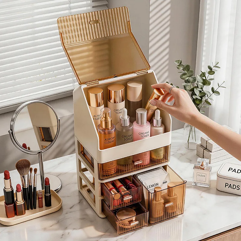 Dustproof Makeup Organizer With Drawers, Beige Cosmetic Storage Box With Transparent Compartments, Multi-layer Skincare Holder