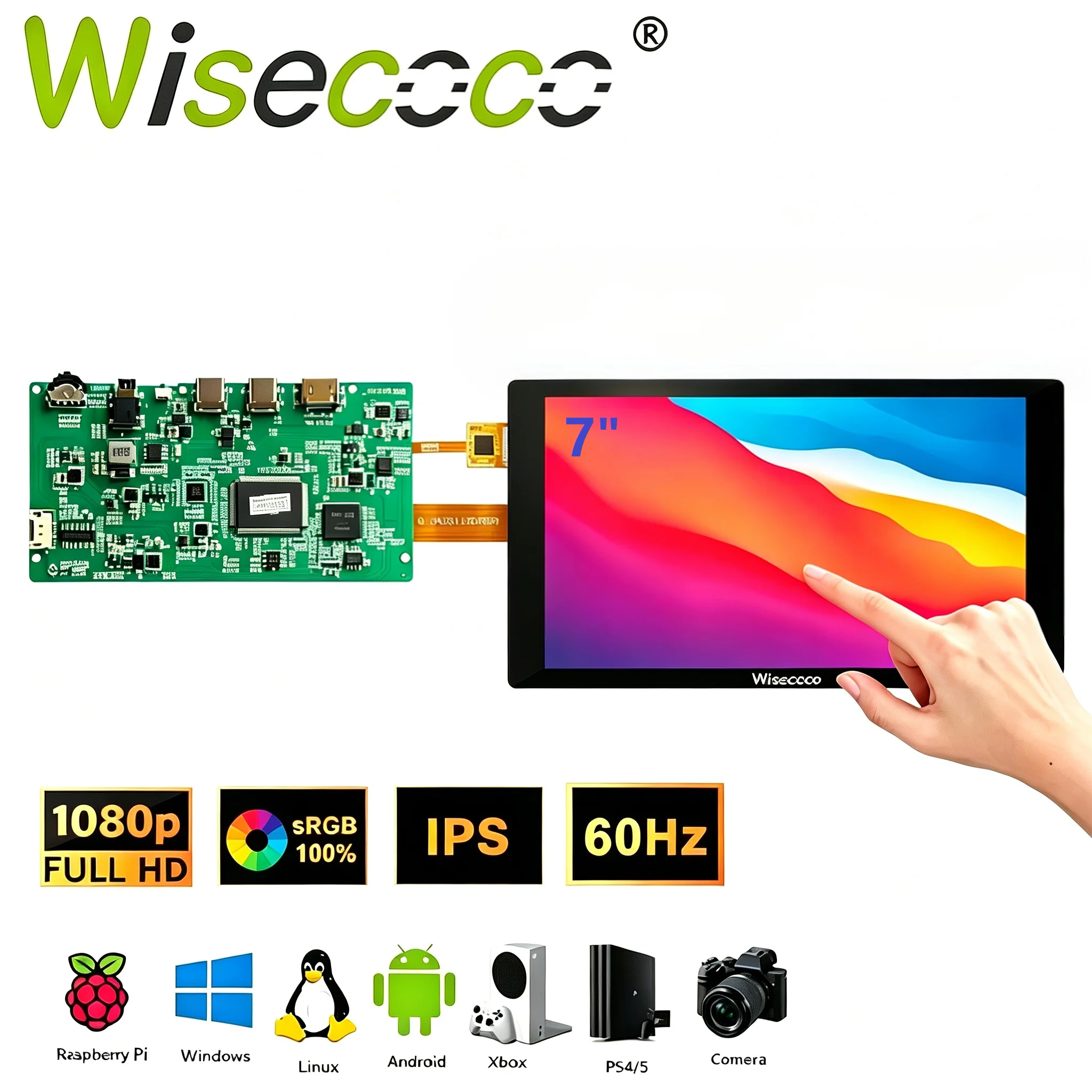 Wisecoco 7 Inch FHD 1920x1080 IPS Touch Screen 100% sRGB USB-C Driver Board For Raspberry Pi 5/4 PS5 Xbox Windows Laptop Camera
