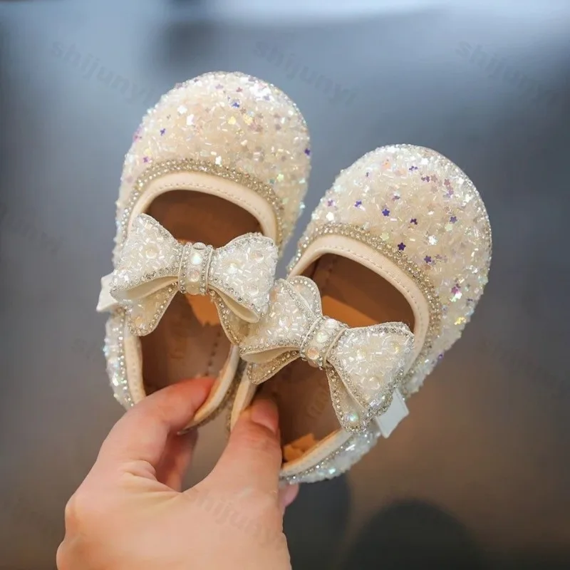 Girls Walking Shoes New Fashion Bow Rhinestone Blingbling Baby Girl Shoes Comfortable Soft Sole Non Slip Princess Shoes for Kids