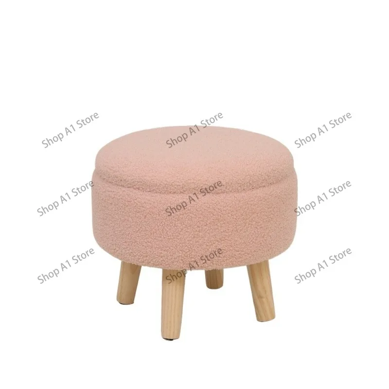 Cream Style Round Storage Ottoman, Lamb Fleece Upholstered Foot Stool, Bedroom Shoe Changing Seat for Home