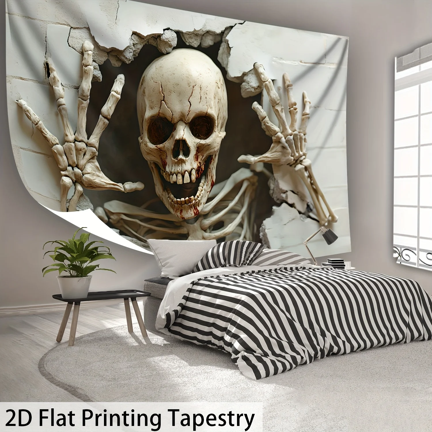 Halloween Skeleton Cave Tapestry, Large 2D Flat Print HD Digital Print Polyester, Gothic Horror Wall Art for Home Decor