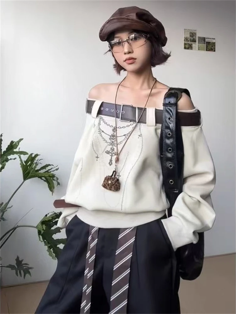 LOTDOOTN Amerikaanse Sle Pittig Meisje Diagonale Oulder Hoodie vrouwen Herfst Winter Punk Riem Lange Sve Losse Casual Subcultuur Kleding