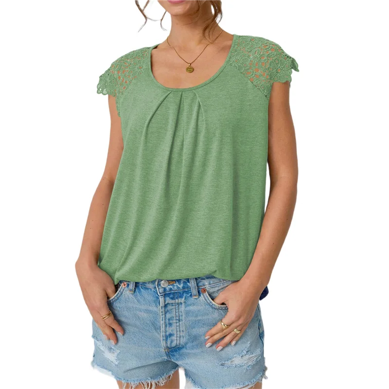 

Женские кружевные топы, плиссированные рубашки с короткими рукавами, летние повседневные нарядные блузки-A55G