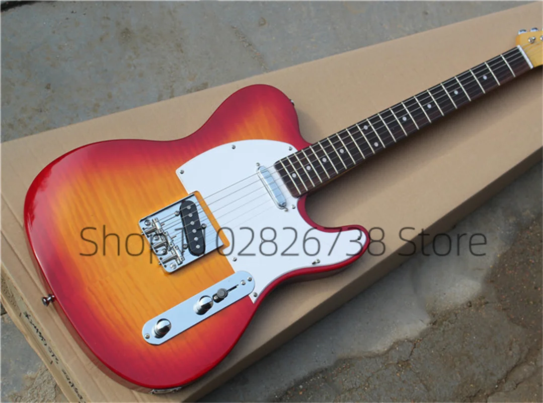 Classic Sunset Cherry Electric Guitar Te Guitar Flamed Maple Top Maple Neck White Guard Fixed Bridge   Factory Custom