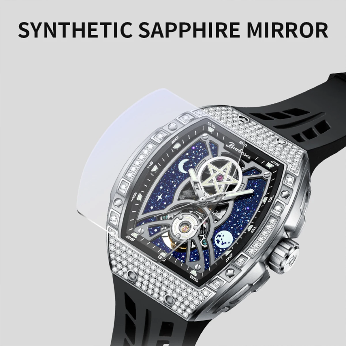 Men\'s Mechanical Watch with Automatic Diamond Hollow-out Winding BRUBOSES Luxury Silicone Waterproof Luminous Clock Montre Homme