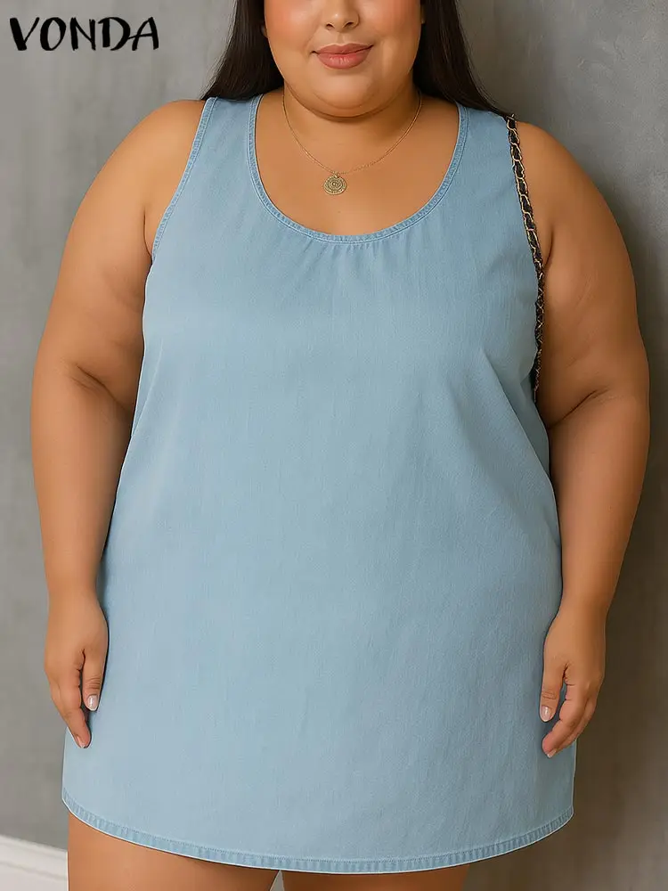

VONDA Plus Size Dress Sleeveless Denim Women Summer Mini Sundress 2025 Casual Party Vestidos Solid Color Short Robes Oversized