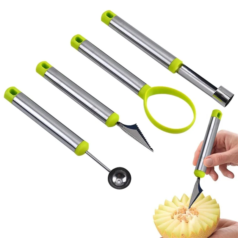 4Pcs/set Stainless Steel Fruit Tool Set Watermelon Ball Scoop Apple Corer Remover Fruit Carving Knife Fruit Pulp Separator Tools