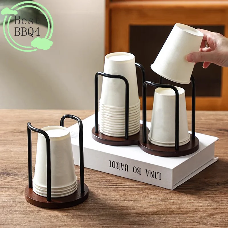 

BBQ4 Wooden Paper Cup Holder For Disposable Cups Desktop Coffee Table Storage Shelf Tea Mug Organizer Kitchen Office Accessory