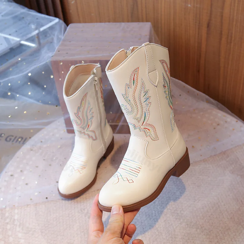 Girls Sequin Fashion Boots 2026 Autumn Comfortable Embroidered Cowboy Boot Mid Calf Zipper Anti Slip Outdoor Children Boot 27-37