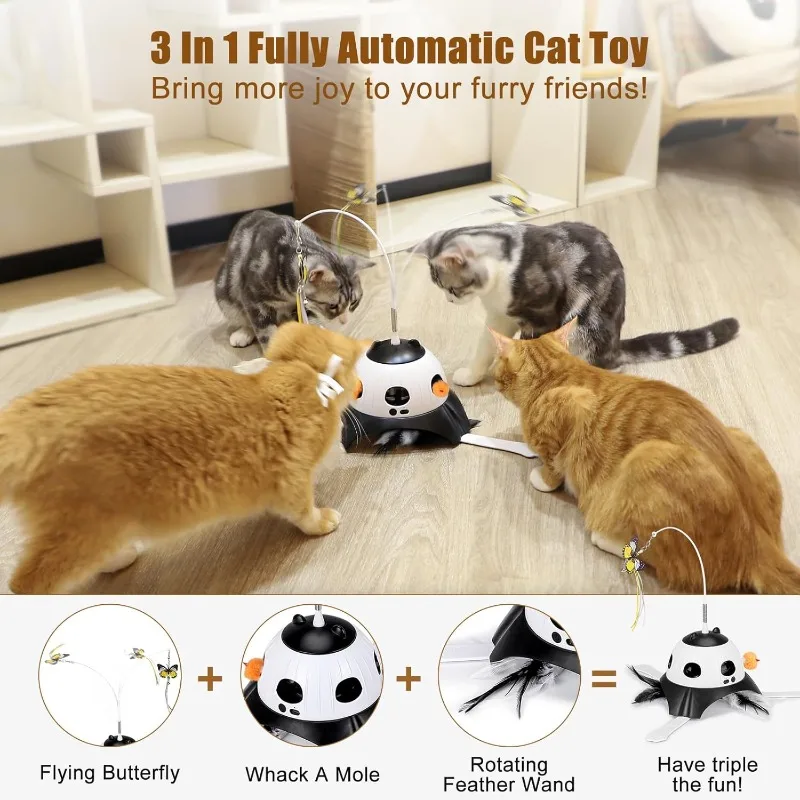 Cat Toys for Indoor Cats, Fluttering Butterfly, Whack a Mole, Rotating Feather Wand, USB Rechargeable Interacti