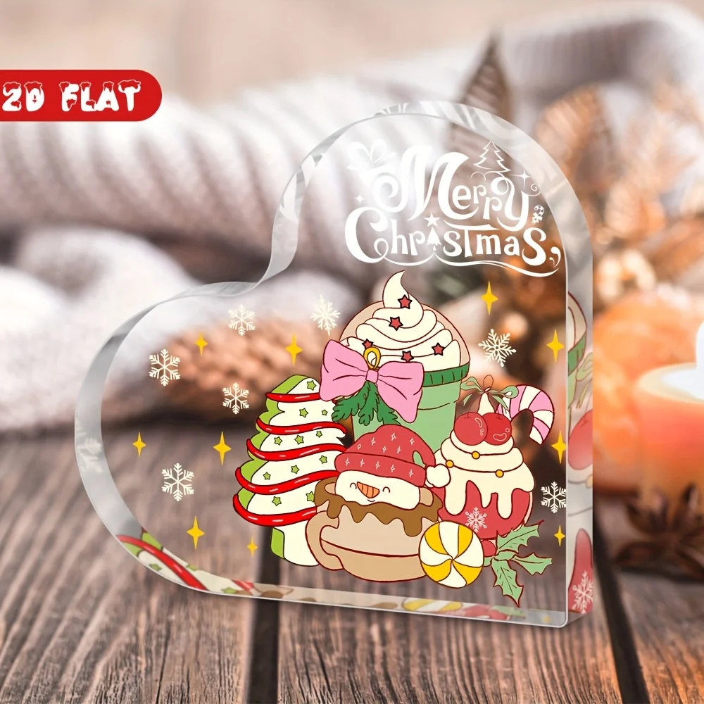 Cartoon Sweet Christmas Heart‑Shaped Acrylic Plaque,Snowman Cupcake Candy Cane Clear Acrylic Heart Sign, Holiday Shelf Ornament