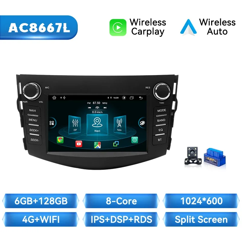 Ai Voice Draadloze Carplay Autoradio Speler Voor Rav4 2006 2007 2008 2009 2010 2011 2012 Android 14 Autoradio 8 + 128Gb Stereo Audio