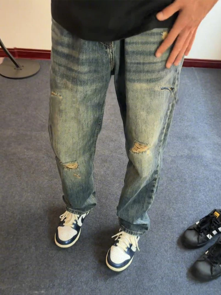 

Мужские джинсы Retro Blue Waed, летние, прямые, с легким расклешением, повседневные, в стиле High Street, из рваного денима, со средней высотой талии